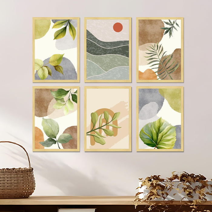 Botanical Abstract Framed Painting Wall Art Set of 6 | Green Leaf & Landscape Prints | Soft Neutral Tones | Engineered wood Frame Wall Décor, (Size: A3)