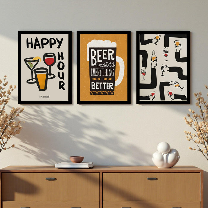 Bar and Beer Retro Graphic A3 Framed Poster for Living Room With Frame, “Happy Hour” Retro Framed Posters for Home Decor Bar Pub Lounge Dining area restaurant Hotel Set of 3, Size 33x45 cm