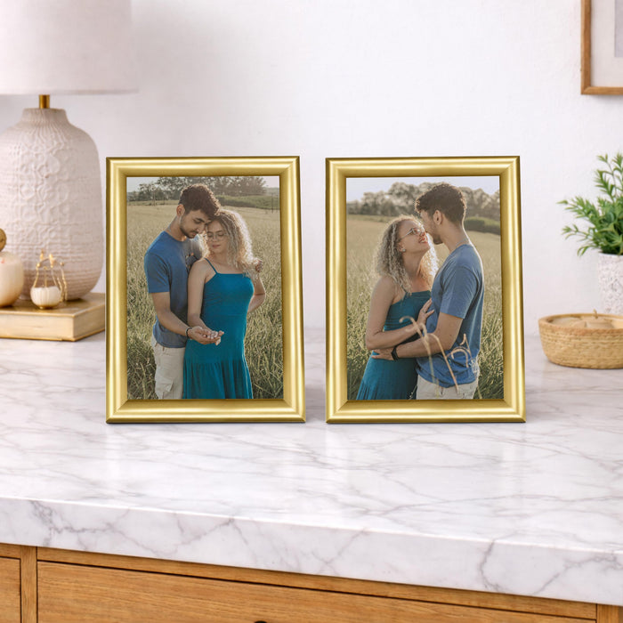 Picture Table Photo Frame Set of 2 for Bedroom, Tabletop Frames with Stand, Modern Farmhouse Photo Frames for Couples, Weddings, Home Decor, Portrait or Landscape Display (Golden, 4x6 Inch)