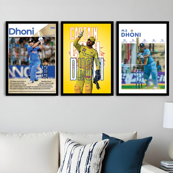 MS Dhoni Framed Wall Poster | Captain Cool Indian Cricket Legend | Premium Wall Art for Home, Office & Sports Room For Home Decor (13.9 Inch x 17.6 Inch, Set of 3