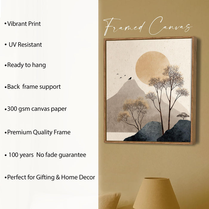 Boho Mountain Sun Landscape Framed Painting For Living Room | Japandi Abstract Landscape Large Canvas Painting With Frame Wall Art For Bedroom, Hallway's, Office, Hotel, Size 58x58 cm