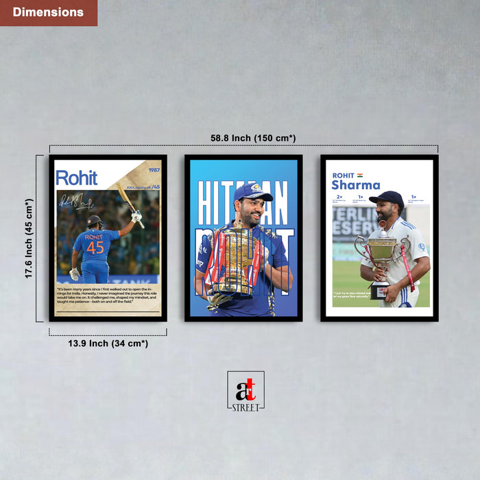 Rohit Sharma Framed Wall Poster | Hitman Indian Cricket Legend | Premium Sports Wall Art for Home & Office Decor (13.9 Inch x 17.6 Inch, Set of 3)