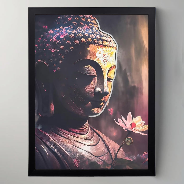 LED Buddha Wall Art Print with Wooden Frame, Feng Shui Vastu Wall Decor, Buddha Painting with LED Light - 43x58 cm