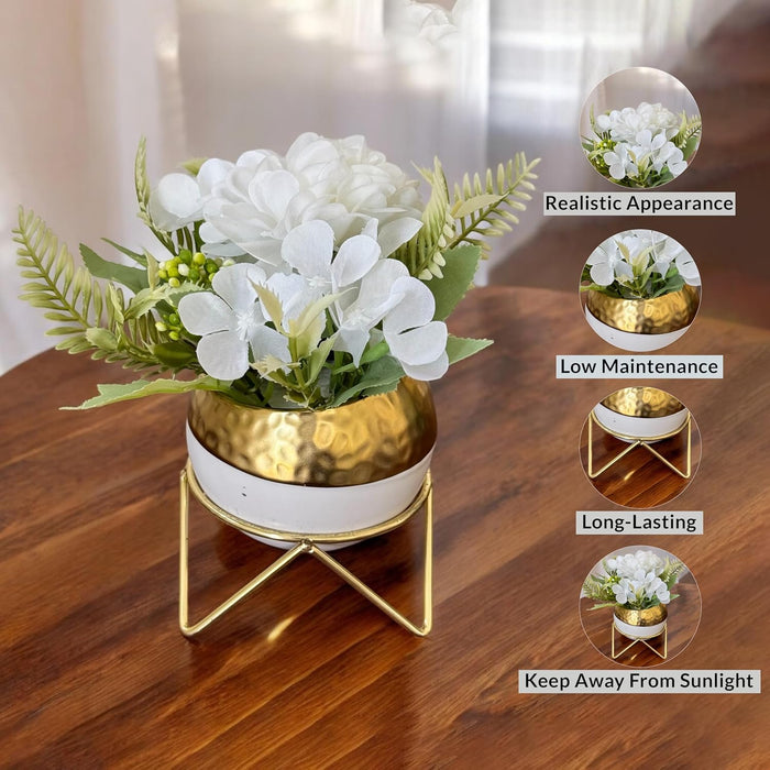 Ceramic Potted Vase Artificial White Hydrangea with Metal Stand & Pot for Table Top (White, Size: 3.5x7 Inch)