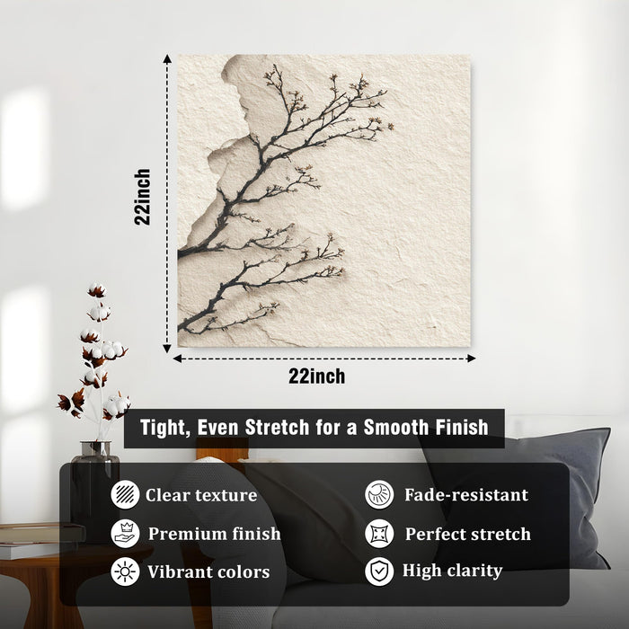 Japanese Zen Tree Branch Stretched Canvas Wall Art Painting For Living Room, Minimalist Wabi-Sabi Landscape Painting, Modern Japandi Decor for Living Room, Office & Home (56xx56 cm)
