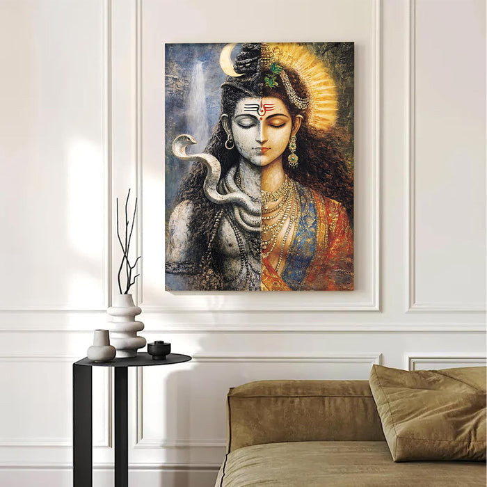 Abstact Art Shiv Parvati as Divine Ardhnarishwar Wall Decor Print | Canvas Painting Stretched on Wood | Suits For Mandeer (16x22 Inch)
