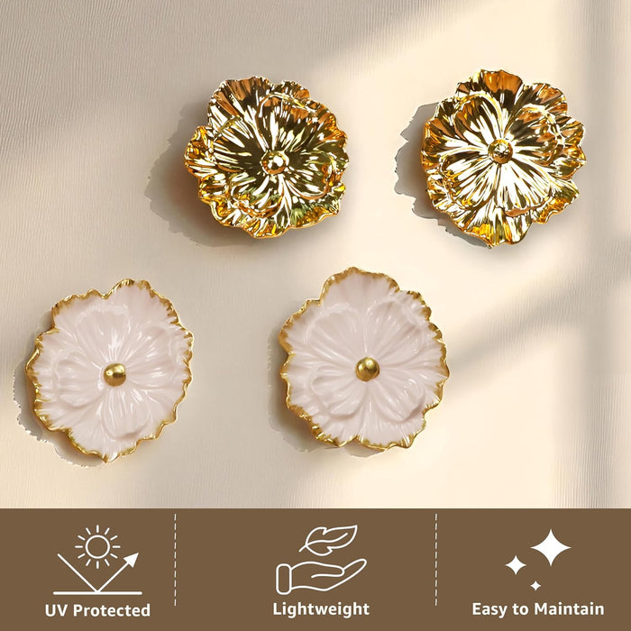 Pack of 4 Golden and White Floral Shape Ceramic Wall Decor Plates Handmade Round Floral Wall Hanging Decorative Items – 14x14 cm