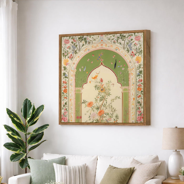 Floral Jharokha Framed Painting For Living Room | Traditional Madhubani Large Canvas Painting With Frame Wall Art For Bedroom, Hallway's, Office, Hotel, Size 58x58 cm
