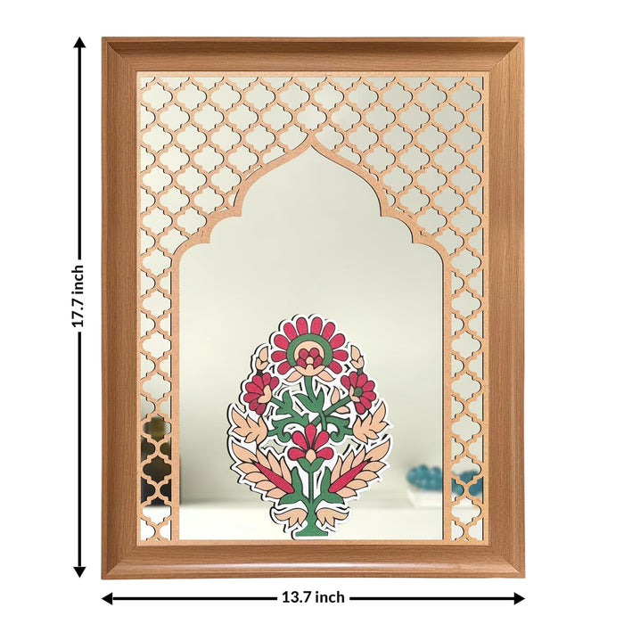 Decorative Acrylic Mirror with Floral And Mughal Design MDF Jali Set of 2 | Two Beige Jharokha Wooden Wall Mirror Panel (18x14 Inch)