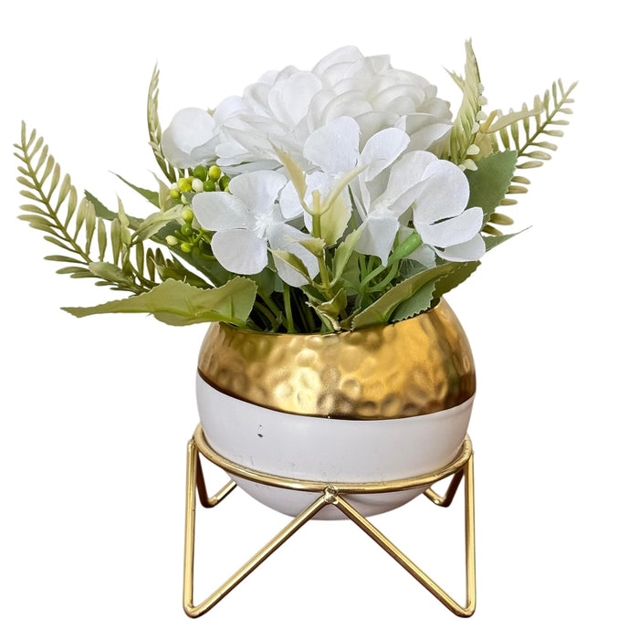 Ceramic Potted Vase Artificial White Hydrangea with Metal Stand & Pot for Table Top (White, Size: 3.5x7 Inch)