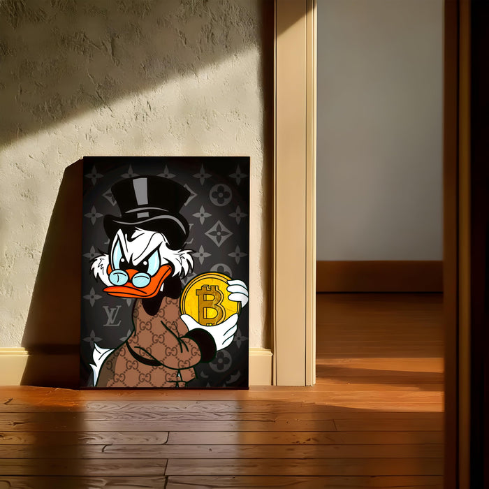 Luxury Money Duck Pop Art Stretched Canvas Painting Print| Cartoon Style Crypto Wealth Wall Art | Modern Graffiti Artwork for Home & Office Décor, 41x56 cm