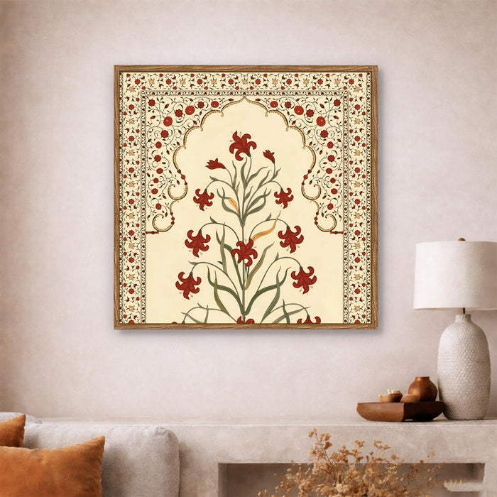 Madhubani Floral Framed Painting For Living Room | Traditional Indian Flower Large Canvas Painting With Frame Wall Art For Bedroom, Hallway's, Office, Hotel, Size 58x58 cm