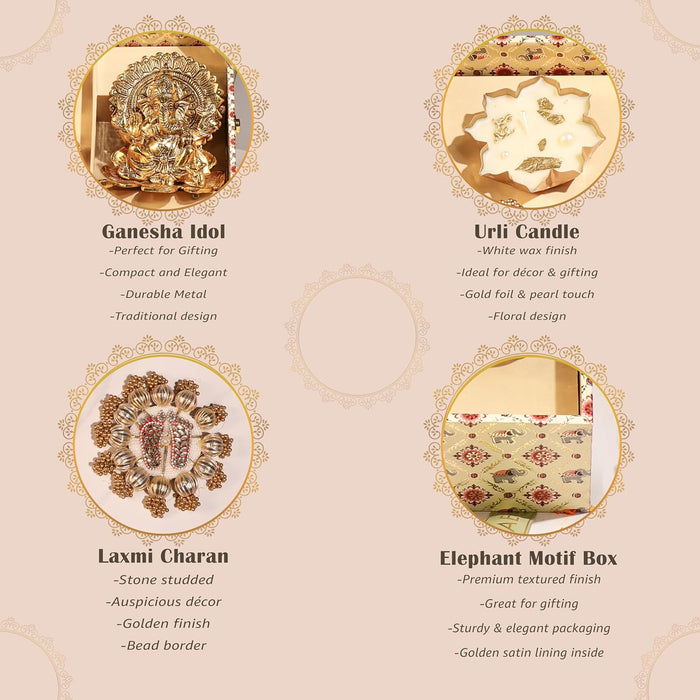 Diwali Gift Hamper Laxmi Ganesh Idol and Laxmi Charan with Urli Diya, Friends and Relatives (Pack of 3)