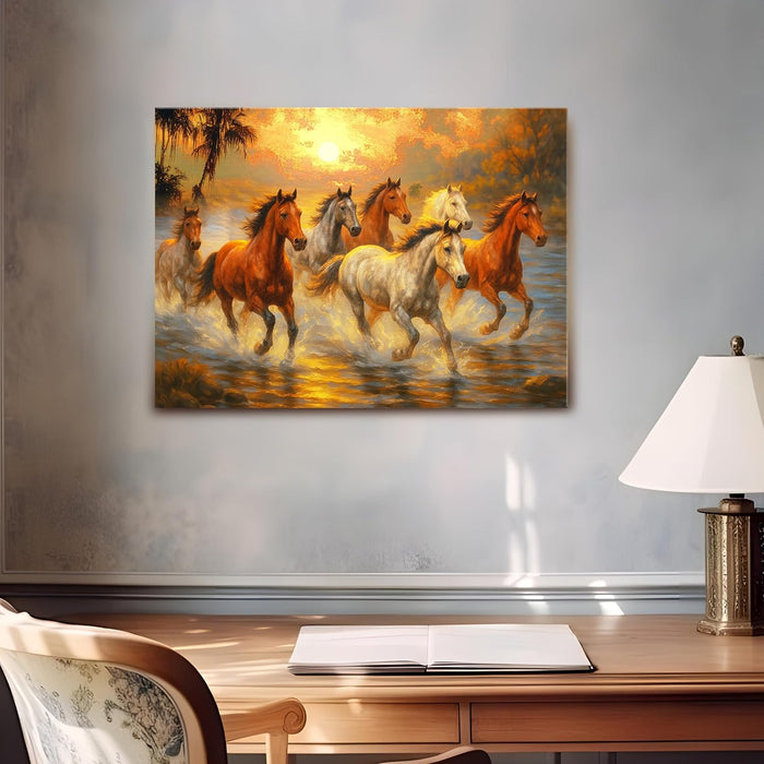 Seven Running Horses Wall Art Vastu Feng Shui Multicolor | Canvas Painting Stretched on Wood | Suits For Vastu-Friendly Place (16x22 Inch)