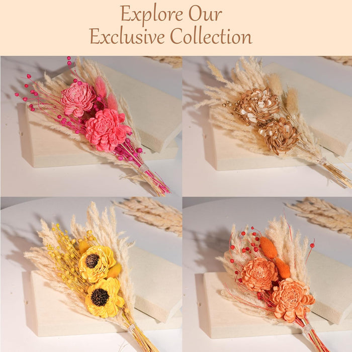 Dried Pampas Grass and Gloden Artificial Flowers Bouquet Boho Dried Flower Arrangement, Natural Dry Floral Bouquet 30 cm