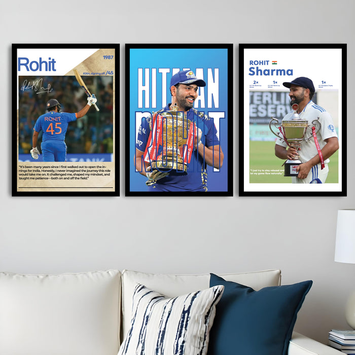 Rohit Sharma Framed Wall Poster | Hitman Indian Cricket Legend | Premium Sports Wall Art for Home & Office Decor (13.9 Inch x 17.6 Inch, Set of 3)