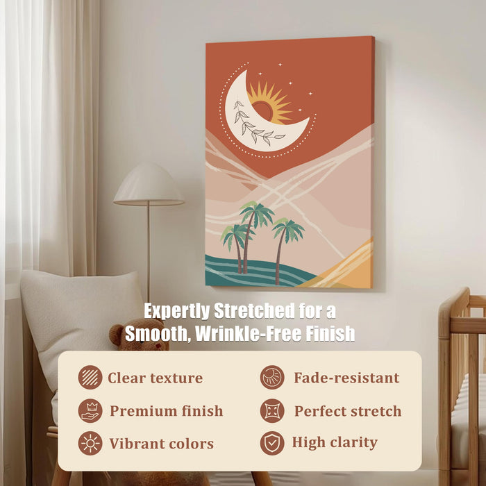 Abstract Desert Moon Stretched Canvas Wall Art Modern Boho Illustration Painting for Home & Office Wall Decor, (16x22 Inch)