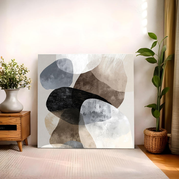 Modern Abstract Stretched Canvas Wall Art Painting For Living Room, Minimalist Geometric White & Dark Brown Textured Painting for Living Room, Office & Home Decor (56xx56 cm)
