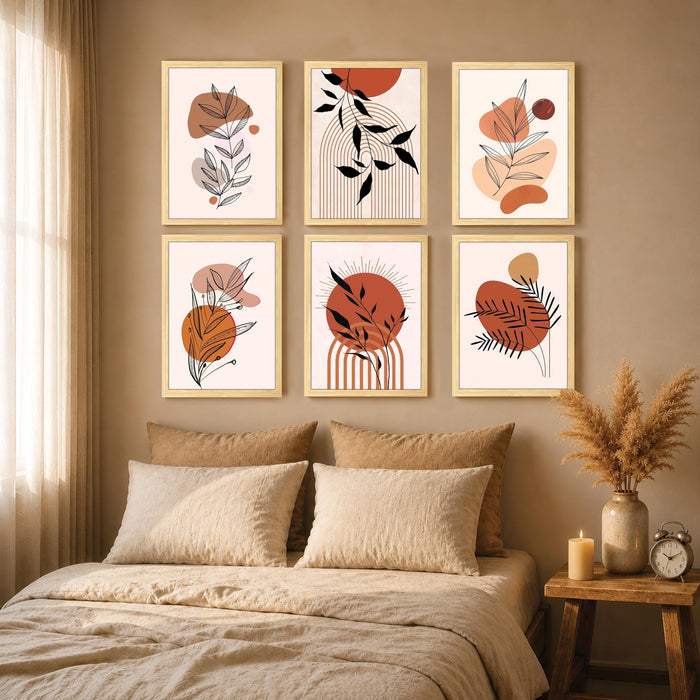 Botanical Boho Wall Art Painting for Living Room, Minimalist Abstract Aesthetic Wooden Framed Wall Art Print for Living Room, Bedroom, Office & Home Decor (Set of 6, 13x9 inch)