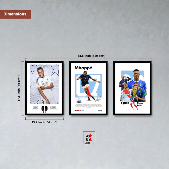 Kylian Mbappe Sports Painting With Frame for living room, Football Player Framed Wall Art Painting for Home Decor Set of 3, Size 13.6 by 17.9 Inch