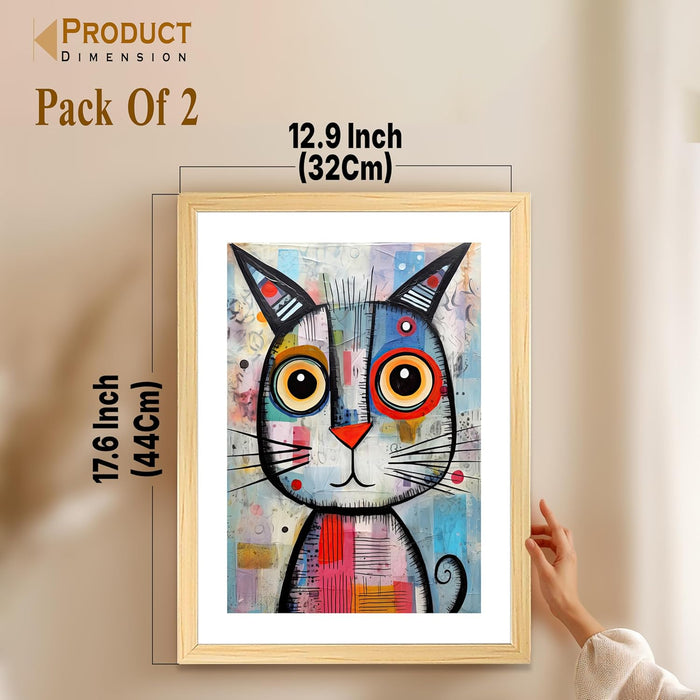 Modern Art Paint Brush Stroke Texture, Monkey and Cat Wall Painting, Set of 2 (Blue, 13x18 Inch)