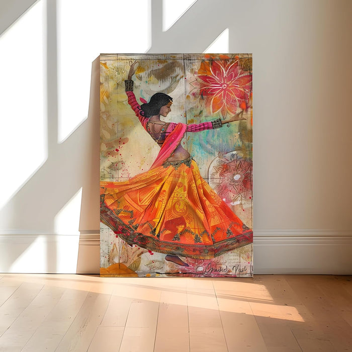 Large Stretched Canvas Painting, Panel Wall Art Print Lady Kathak Dance Framed Luxury Paintings for Home Décor (Orange, 22x34 Inch)