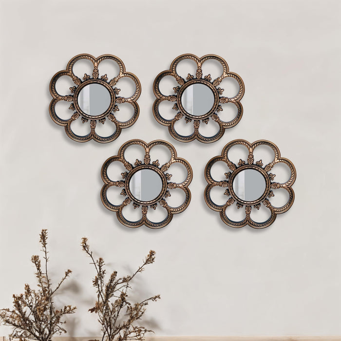 Beautiful Flower Shape Wall Mirrors Set of 4, Round Shape Bronze Decorative Wall Mirror (Bronze, Size -10 x 10 Inchs)