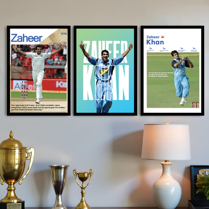 Zaheer Khan Cricket Wall Art | Legendary Indian Fast Bowler Posters | Framed Sports Wall Decor for Living Room, Bedroom, Office & Cricket Fans (13.9x17.6 Inch, Set of 3)