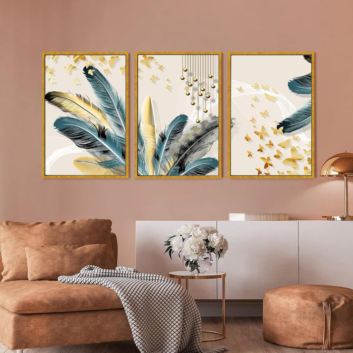 Abstract Golden Leaf Canvas Painting For Home Décor (17x23 Inch, Set Of 3)