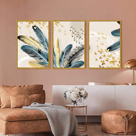 Art Street Feather & Butterfly Canvas Painting For Home Décor (17x23 Inch, Set Of 3)