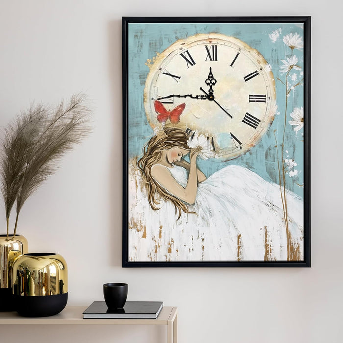 Portrait Abstract Dreamlike Girl Multicolor Framed Canvas wall art With Clock | Painting with clock, 43x58 cm