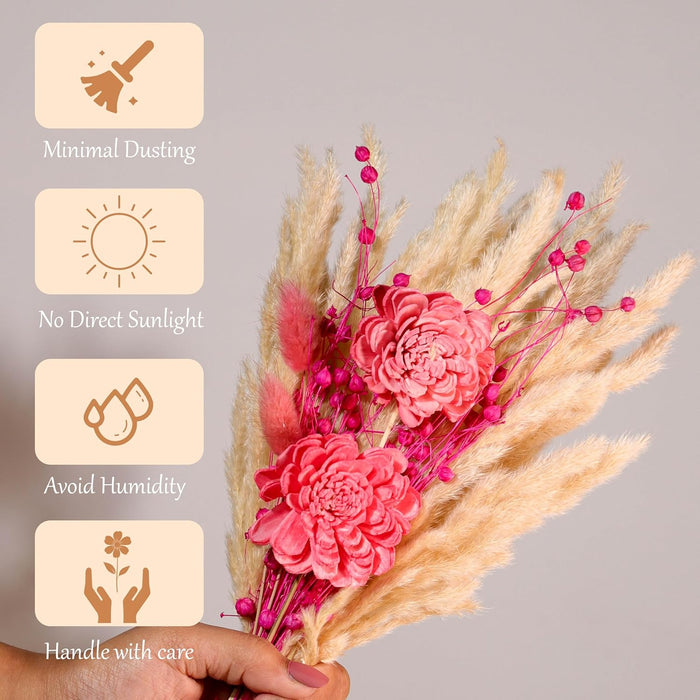 Dried Pampas Grass and Pink Artificial Flowers Bouquet Boho Dried Flower Arrangement, Natural Dry Floral Bouquet 30 cm