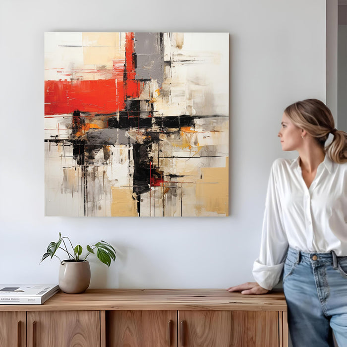 Abstract Texture Wall Art Painting for Living Room, Modern Red, Black & Gold Geometric Stretched Canvas Wall art Poster, Contemporary Decor for Living Room, Office & Home (56xx56 cm)