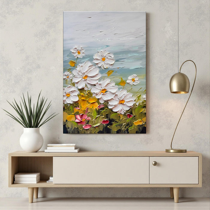 Stretched Canvas Wall Art Abstract White Daisy Flower 3D Paintings Vastu Hand Painted Abstract Canvas Painting for Living Room Art 3D Textured Floral Positive Wall Paintings 61x91 cm