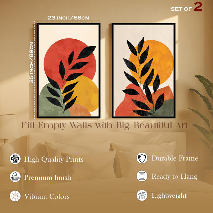 Boho Moon and Sun Leaf Canvas Wall Painting Bohemian Large Wall Art Painting for Living Room Decoration, Stylish Large Wall Art Print for Wall Decor (Set of 2, 58x89 cm)