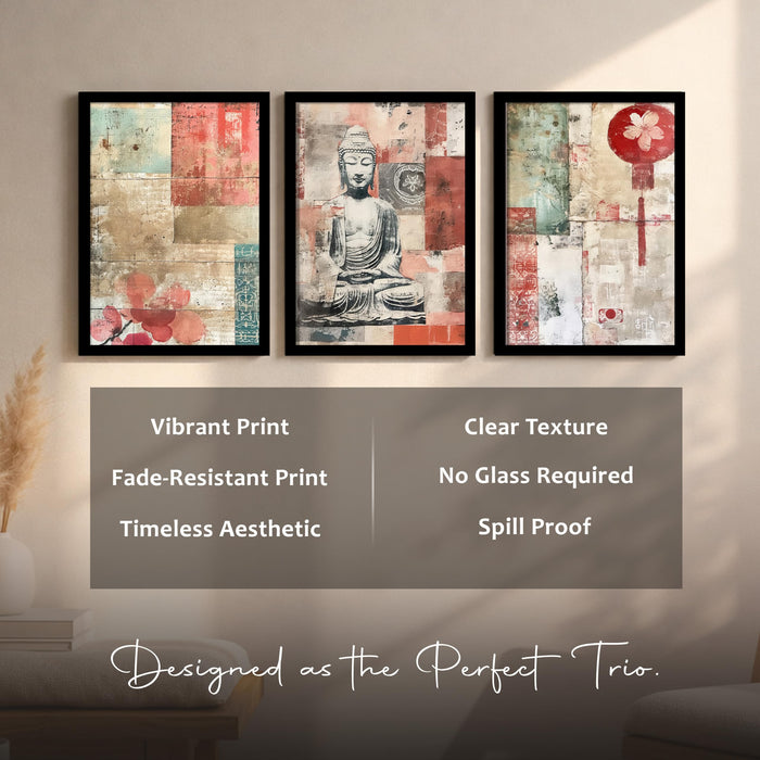 Abstract Buddha A3 Framed Painting for Living Room With Frame, Abstract Religious Floral Framed Vastu Paintings for Home Decor Bedroom Hallways Office Hotel Set of 3, Size 33x45 cm