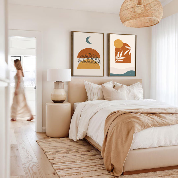 Boho Moon and Sun Minimalist Canvas Wall Painting Bohemian Large Wall Art Painting for Living Room Decoration, Stylish Large Wall Art Print for Wall Decor (Set of 2, 58x89 cm)