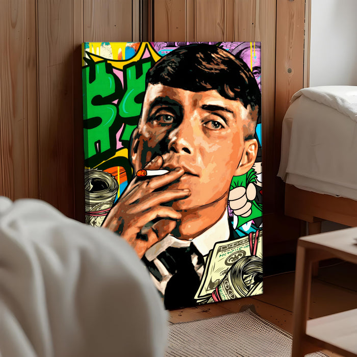 PAINTINGMANTRA Bold Street Pop Art Gentleman Smoking Stretched Canvas Painting Print| Money & Power Graffiti Wall Art | Modern Luxury Wall Décor for Home & Office, 56x86 cm