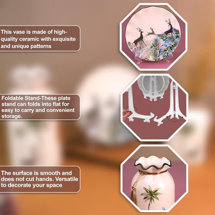 Art Street Deer and Tree Pinted Ceramic Vases and Decorative Plate Combo for Living Room, Wedding Party, Home and Office Décor (White, 4.5x9 Inch and 8x8 Inch)