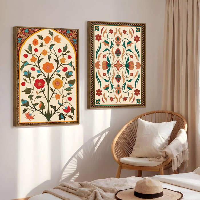 Mughal Floral Motifs Canvas Indian Large Wall Art Painting for Living Room Decoration, Stylish Large Wall Art Print for Wall Decor (Set of 2, 58x89 cm)