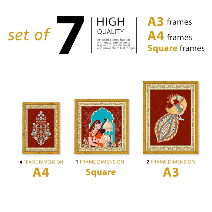 Art Street Set of 7 Indian Wall Art Print Meera Holding Sitar with Peacock Framed Vintage Poster for Home (Size: 9.3x12.7, 13x13 & 12.7x17.5 Inch)