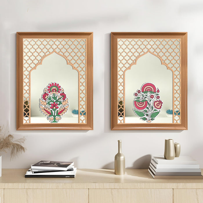 Decorative Acrylic Mirror with Floral And Mughal Design MDF Jali Set of 2 | Two Beige Jharokha Wooden Wall Mirror Panel (18x14 Inch)