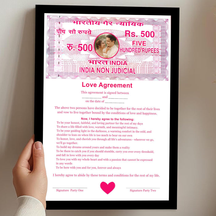 Customized Love Contract Photo Frame Non-Judicial Stamp Paper Love Agreement Certificate Romantic Couple Gift Valentine’s Day Anniversary Gift for Husband Girlfriend Boyfriend 22x32 cm