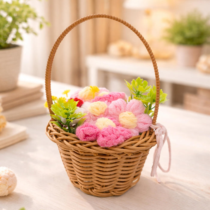 Art Street Handcrafted Crochet Flower Basket with Wicker Handle Decorative Table Accent, Artificial Flower Arrangement Gift Basket for Home Decor, Desk Styling, Shelf Decoration & Festive Gifting