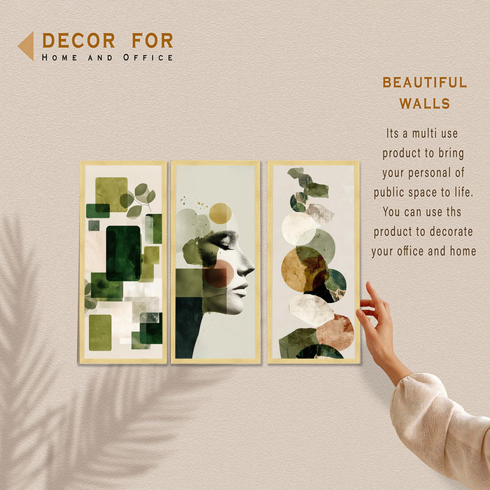 Abstract Botanical & Face Framed Wall Art Set of 3 | Modern Boho Green Tone Wall Décor |Engineered Wood Frame Art for Living Room, Bedroom & Office, 8.9x18.9 Inch