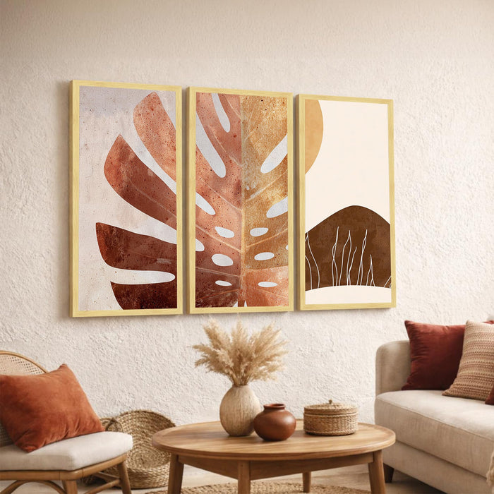 Abstract Botanical Framed Wall Art Set of 3 | Modern Boho Leaf & Landscape Prints | Engineered Wood Frame Wall Décor for Living Room, Bedroom & Office, 8.9x18.9 Inch