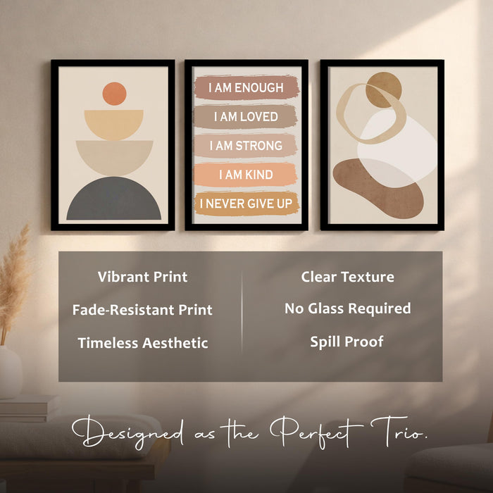 PAINTINGMANTRA Self Motivational Boho A3 Framed Posters for Living Room with Frame, I AM ENOUGH Bohemian Quotes Wall Poster for Home Decor Bedroom Hallways Office Hotel Set of 3, Size 33x45 cm