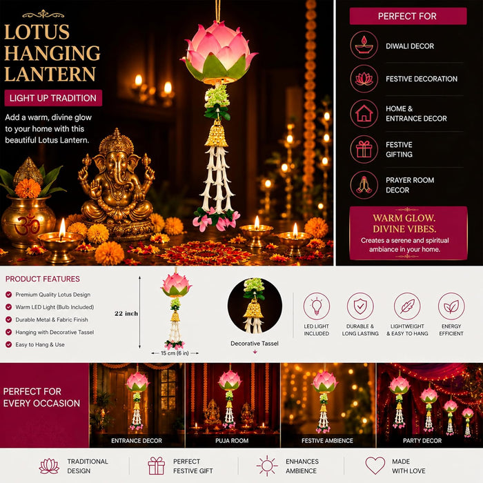 Pink Lotus LED Hanging Lantern Light for Diwali Decoration, Festive Home Decor, Mandir, Puja Room & Traditional Indian Festival Decoration