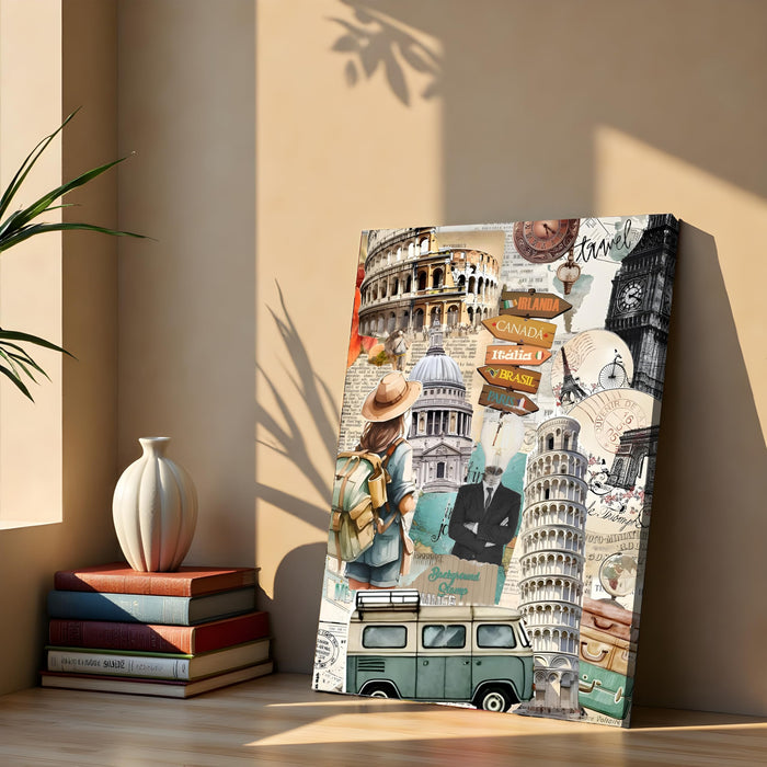 World Travel Collage Canvas Wall Painting | Canada Italia Brazil Paris Travel pop art Canvas Wall Painting For Home and Office Wall Décor (41x56 cm)