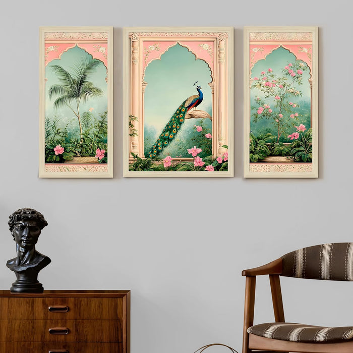 Pichwai Framed Wall Art Painting Home Décor Pack Of 3 | Digital Scenery Painting with Frame, Set Of 3, 22x46 cm, 33x44 cm